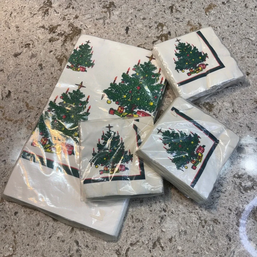 Artfaire Christmas Tree Table Cover and 48 Beverage Napkins Set Vintage Holiday